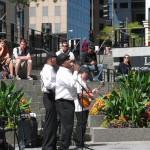 Band outside Hancock Building.